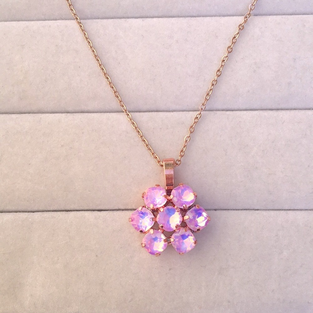 Pink Opal Aurora Borealis +Rose Gold Crystal Flower Drop Pendant Necklace - Picture 5 of 6